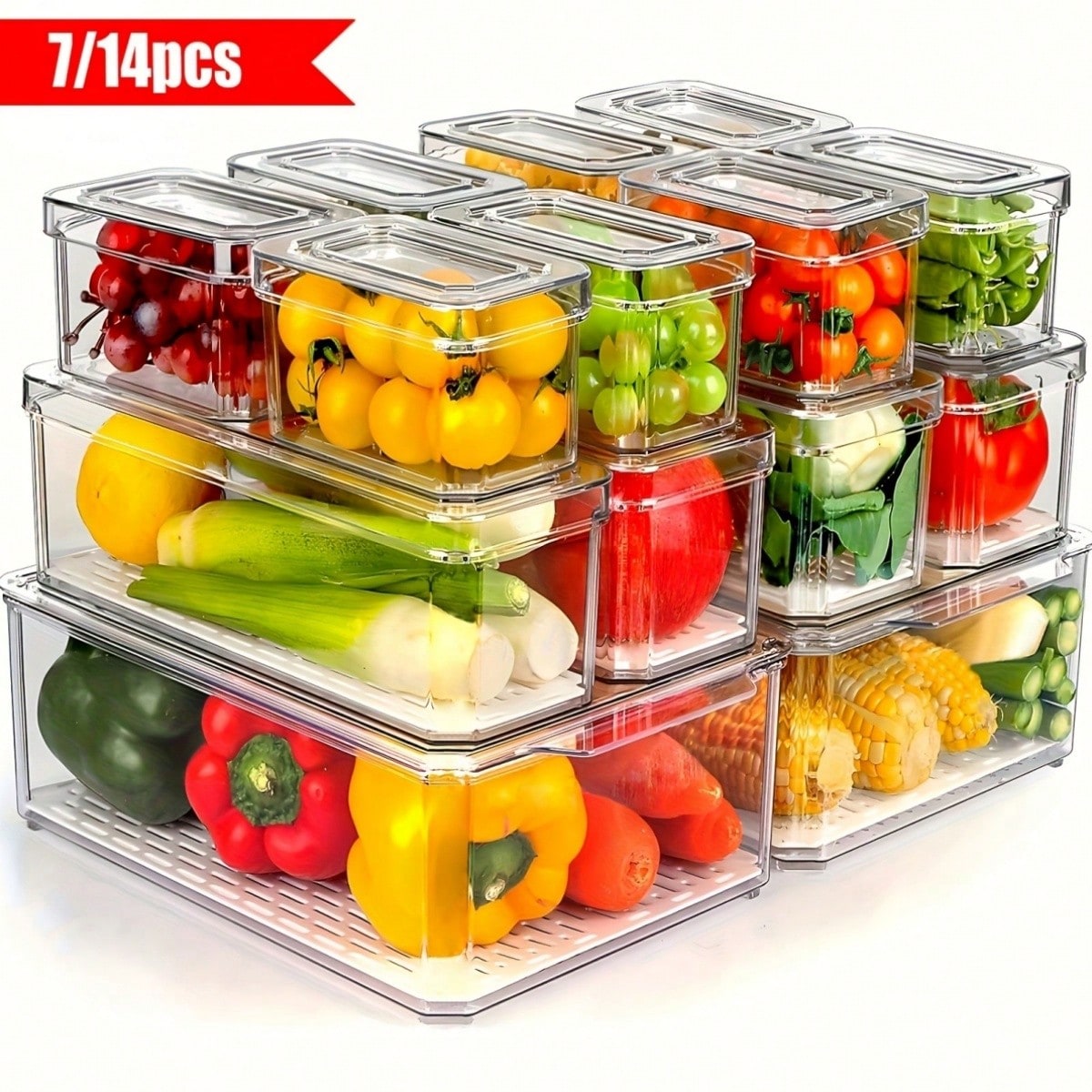 Food Storage Refrigerator - 7/14er-Pack stapelbare Kühlschrank-Organizerbehälter mit Deckeln, platzsparende