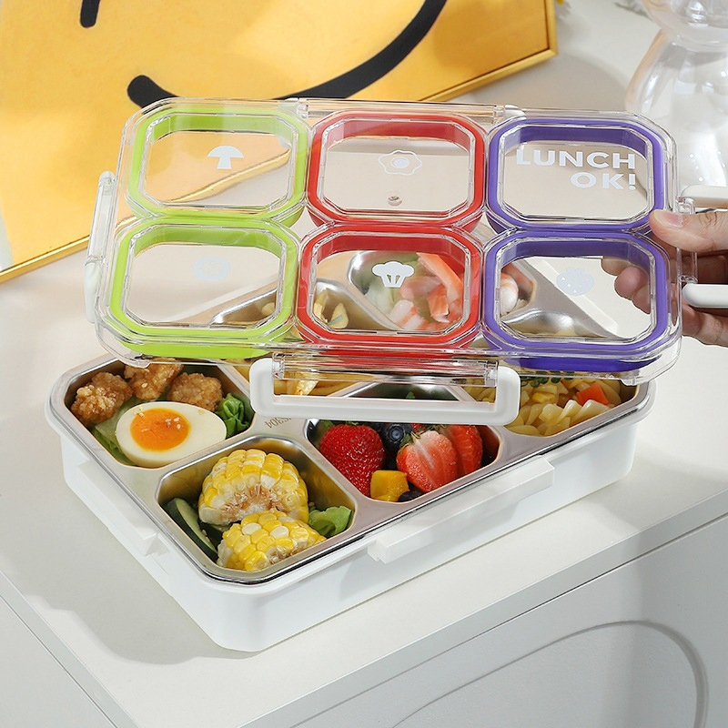 Food Storage With Compartments - 6-Fach Edelstahl-Lunchbox mit Löffel und Gabel