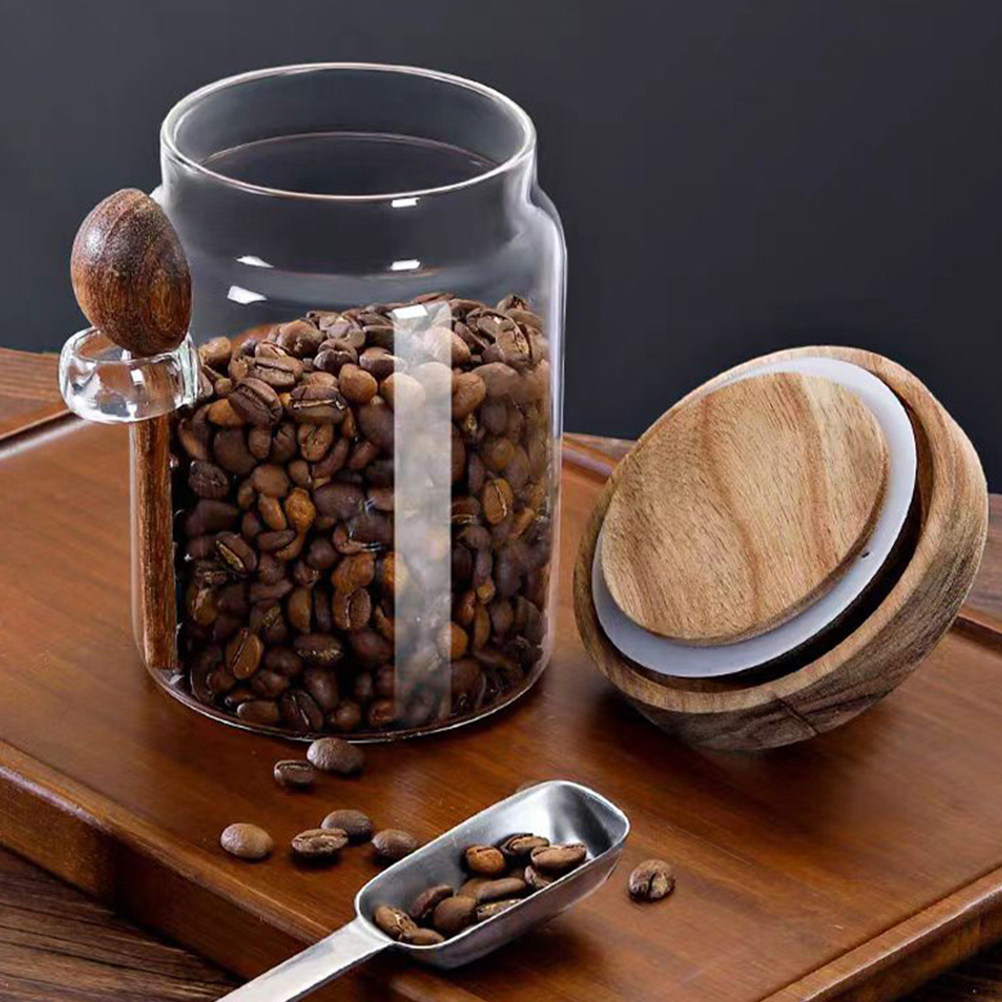 Food Storage Jars - Transparenter Glas-Lebensmittelbehälter mit luftdichtem Holzdeckel, Kaffeedose,