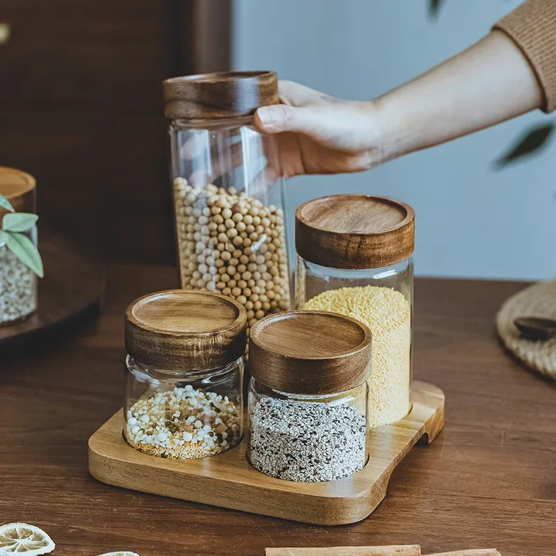 Food Storage Glass Set - Holzdeckel Orgnizer Glas luftdicht Kanister Küche