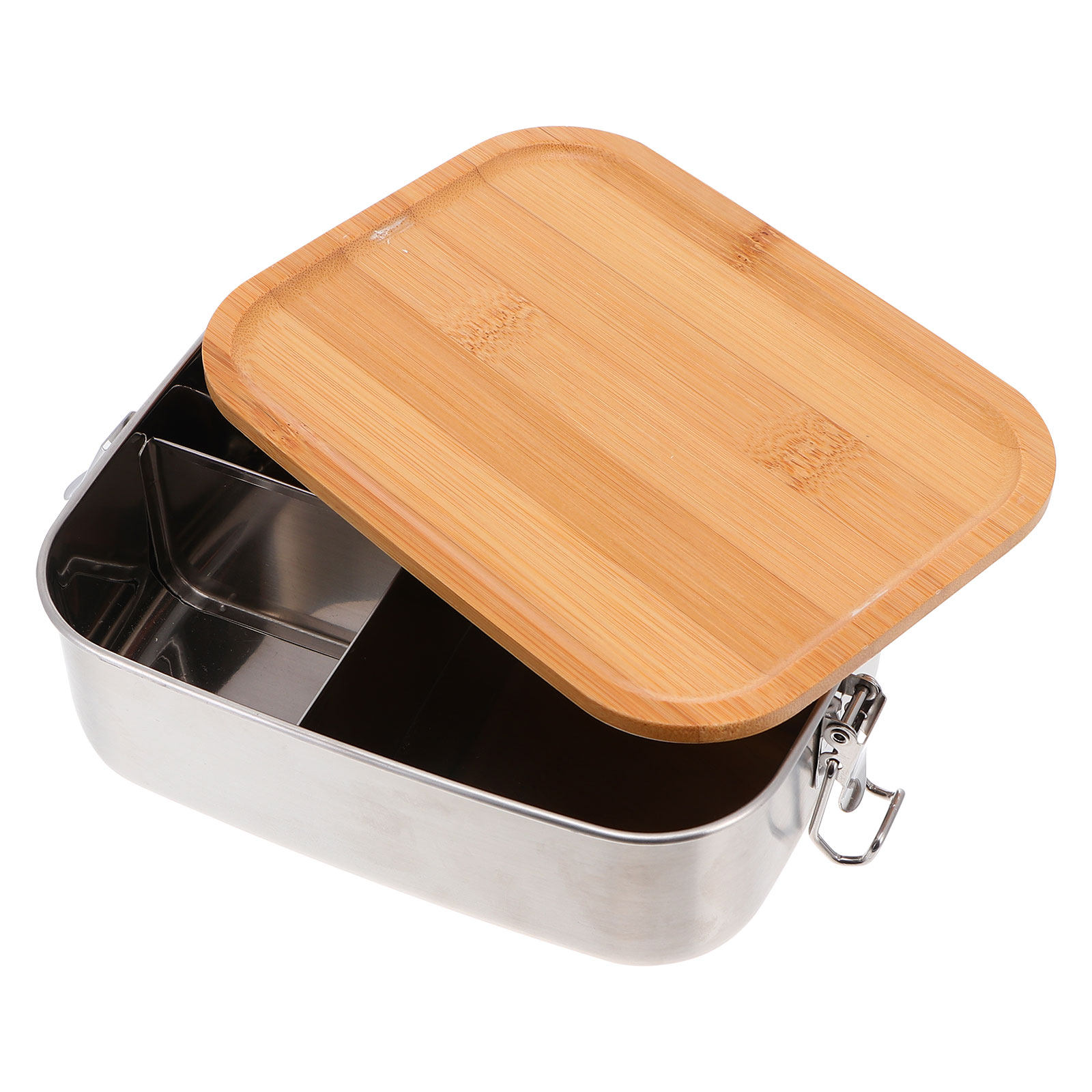 Stainless Lunch Box - 1 Stück Edelstahl-Bento-Lunchbox mit Holzdeckel, auslaufsicher,