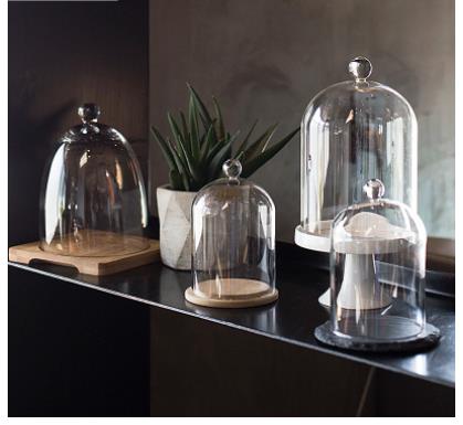 Food Storage Glass Set - Frischhaltedeckel aus Glas, Kuchenteller mit Holztablett,